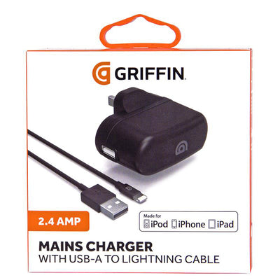 Griffin Single Port 2.4A Mains Charger Lightning Cable Black 1m - YEPSS - 叶哺便利中超 - 英国最大亚洲华人网上超市